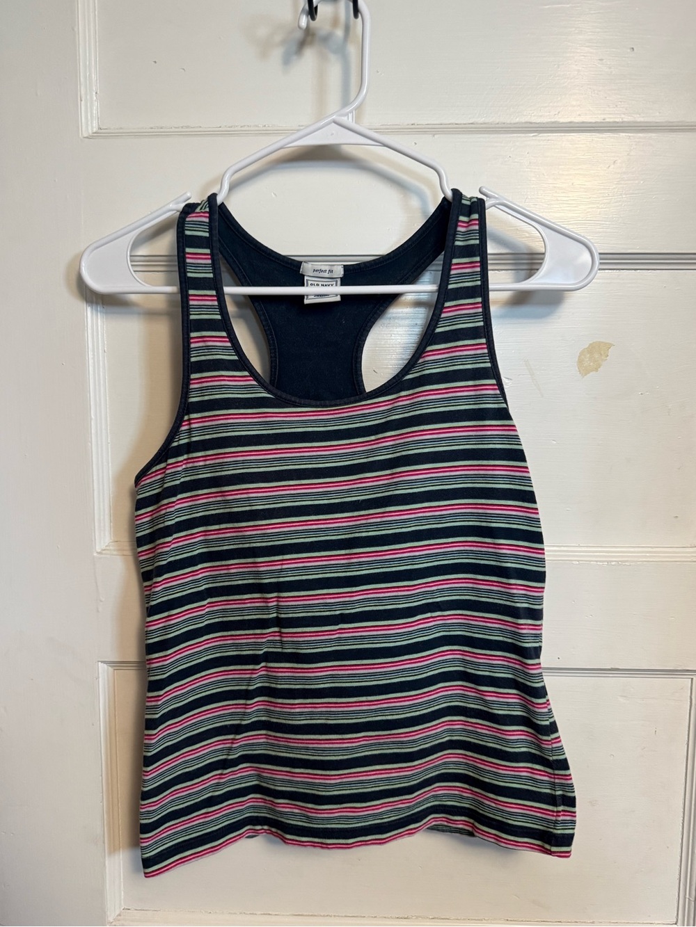 Old Navy perfect fit striped tank top in navy, pink, green, & white Size Medium